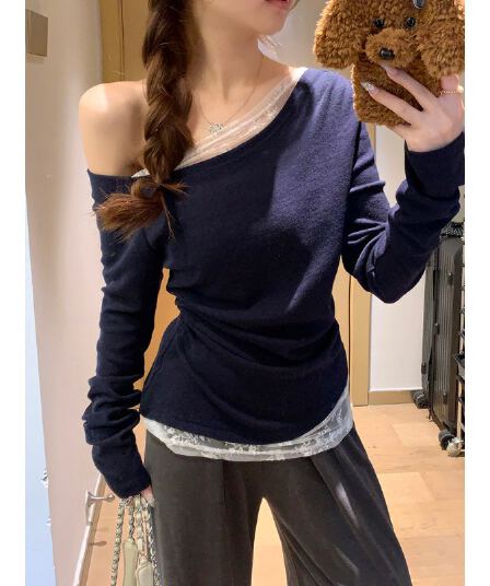 원본 품질 블루 순수한 색 욕망 비스듬한 어깨 오프숄더 몸매 가꾸기 긴팔 티셔츠 가을 레이스 기본 셔츠 인사이드 가져 가라.