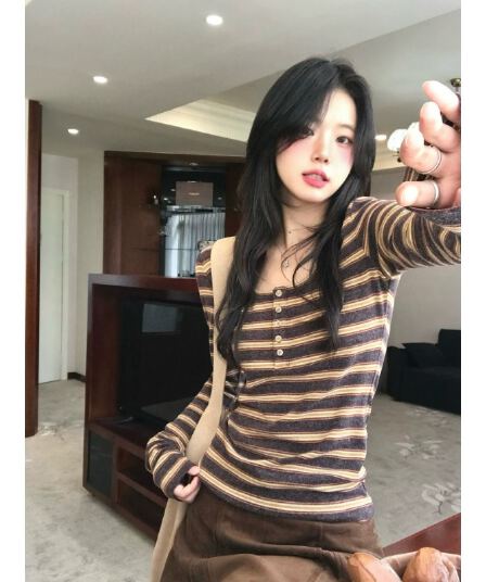 양모 원본 원단 한 부서 스트라이프 티셔츠 여성 가을 새로운 긴팔 기본 셔츠 미니멀리즘 다용도 맨위