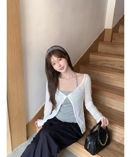 한 부서 자외선 차단 블라우스 행침 목 조끼 세트 여성 2026 새로운 가을 외부 가져 가라. 비틀림 긴팔 맨위 투피스 세트