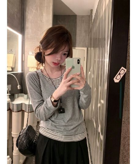 원본 품질 눈꽃 면 스트라이프 페이크 레이어드 긴팔 티셔츠 가을 빅 사이즈 루즈핏 느긋한 바람 블라우스 맨위