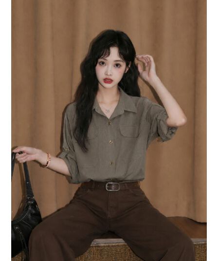 면 마 소재 군용 녹색 폴로 칼라 긴팔 셔츠 레트로 루즈핏 슬림해 보이는 셔츠 여성