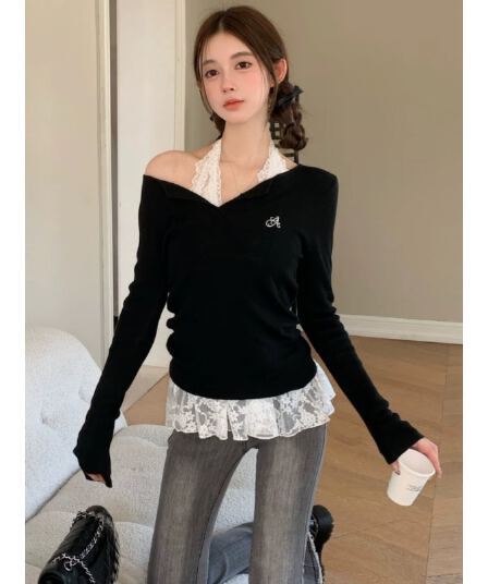 레이스 핫걸 행침 목 레이스 캐미솔 봄 가을 자수 스택 착용 티셔츠 투피스 세트