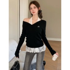 批发40支人棉+蕾丝辣妹挂脖蕾丝<b class='q'>吊带</b><b class='q'>背心</b>女春秋刺绣叠穿T恤两件套