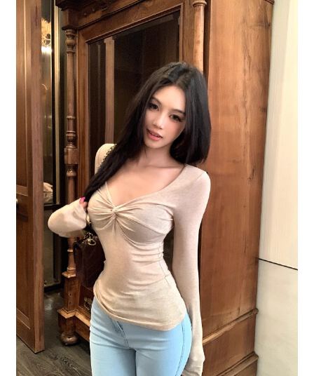 아침 칼라 차가운 실크 코튼 리브 순수한 욕망 바람 V넥 디스플레이 몸 섹시함 기본 셔츠 가을 겨울 비틀림 인사이드 가져 가라. 긴팔 티셔츠 여성