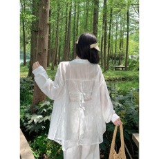 批发广州面料原版做法法式白色蕾丝<b class='q'>蝴蝶结</b>防晒<b class='q'>衬衫</b>早秋季长袖上衣