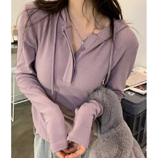 批发纯欲风白色连帽长袖<b class='q'>T</b><b class='q'>恤</b>女秋季修身显瘦内搭打底衫上衣