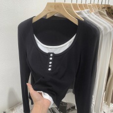 批发设计感拼接假两件T恤修身打底衫秋季新款女辣妹长袖短款上衣