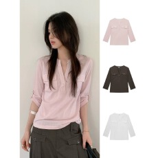 批发原版品质松弛感白色V领正肩百搭T恤女秋休闲风衬衫上衣