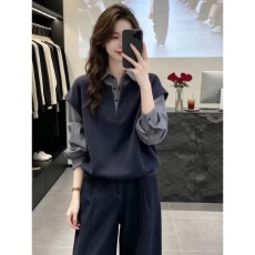 批发秋装新款韩版宽松显瘦百搭休闲复古格子衬衫女假两件工装<b class='q'>长袖</b>上衣