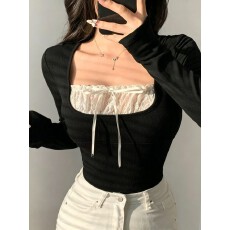 批发原版品质系带蕾丝拼接大方领修身T恤女<b class='q'>春</b>秋设计撞色上衣