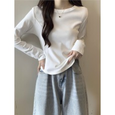 批发5色纯欲风鱼骨线长袖T恤女上衣春秋季<b class='q'>通勤</b>个性小众内搭打底衫