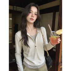 批发假两件V领<b class='q'>长袖</b>T恤女春秋新款条纹拼接收腰内搭打底短款上衣