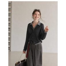批发韩系撞色假两件拼接开衫<b class='q'>T</b><b class='q'>恤</b>女2026新款秋冬翻领显瘦<b class='q'>百搭</b>上衣<b class='q'>衬衫</b>