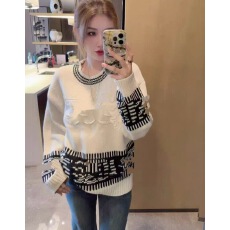 批发字母提花毛衣女宽松<b class='q'>韩版</b>上衣气质时尚套头小香风拼色圆领针织衫