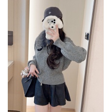 批发美式复古毛领竖条纹毛衣外套女早春新款慵懒风双拉链针织开衫上衣