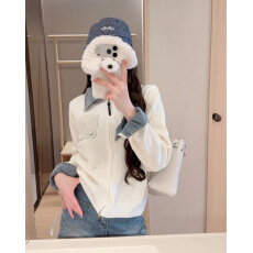 批发时髦牛仔拼接翻领双拉链针织开衫<b class='q'>毛衣</b>外套<b class='q'>女</b>