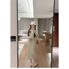 批发新款修身半高领拉链竖条纹针织<b class='q'>连衣裙</b>女<b class='q'>长袖</b>罗纹显瘦气质