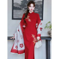 批发复古新中式婚<b class='q'>服</b>红色金竹旗袍连衣裙  披肩 两件套 +40！