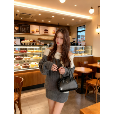 批发实拍 一字肩蝴蝶结厚款连衣<b class='q'>裙</b>氛围感针织<b class='q'>长袖</b>毛衣