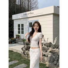 批发实拍 v领蕾丝<b class='q'>上衣</b>女夏季2026年新款半身裙套装气质两件套