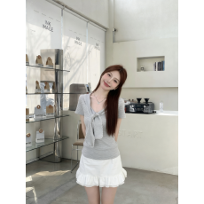 批发实拍 韩系假两件正肩短袖t恤女夏季温柔修身显瘦披肩气质<b class='q'>上衣</b>