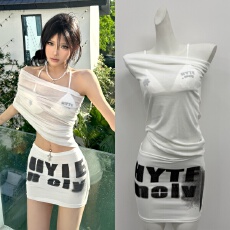批发HYTEMOLY一字肩<b class='q'>罩衫</b>腰头切割拼接字母印花打底上衣<b class='q'>比基尼</b>两件套装