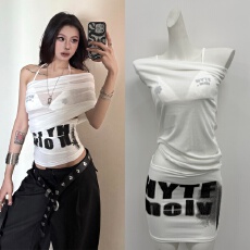 批发HYTEMOLY一字肩<b class='q'>罩衫</b>腰头切割拼接字母印花打底上衣<b class='q'>比基尼</b>两件套装