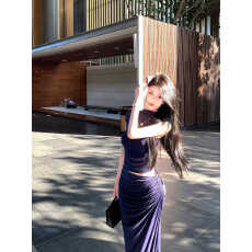 批发JAYKY YANG【雕塑女神】藏青色网纱正肩<b class='q'>背心</b>扭结开叉半身裙两件套