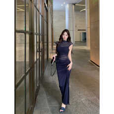 批发JAYKY YANG雕塑女神藏青色网纱正肩<b class='q'>背心</b>扭结开叉半身裙两件套