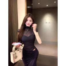 批发JAYKY YANG雕塑女神藏青色网纱正肩<b class='q'>背心</b>扭结开叉半身裙两件套