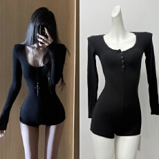 批发021ope秘密特工修身显瘦辣妹<b class='q'>连体</b><b class='q'>短裤</b>美式性感黑色长袖<b class='q'>连体</b>衣套装