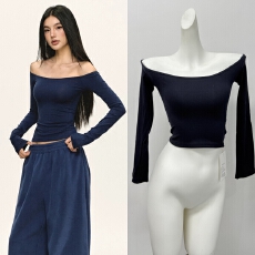 批发Veryrareme 弹力修身<b class='q'>塑</b>形一字肩长袖