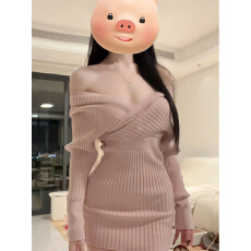 批发纯欲御姐修身V领针织连衣<b class='q'>裙子</b>女秋2025新款粉色露肩性感包臀短裙