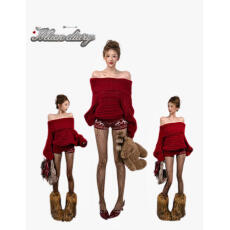 批发黑色日记｜圣诞来信 新年红<b class='q'>秋</b>冬新款慵懒风一字肩费尔岛短裤套装