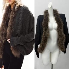 批发ANDYET AD1毛领绞花针织外套复古蝙蝠袖<b class='q'>宽松</b>显瘦气质上衣慵懒开衫