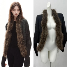 批发ANDYET AD1毛领绞花针织外套复古蝙蝠袖<b class='q'>宽松</b>显瘦气质上衣慵懒开衫