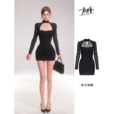 批发龙牙童推荐【复古微醺】蕾丝<b class='q'>长袖</b>赫本风<b class='q'>连衣</b>裙显瘦气质辣妹修身挂