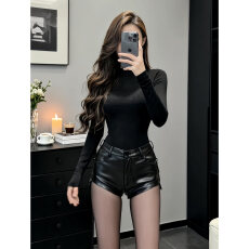 批发龙牙童推荐拉高腿线美式复古风皮裤显瘦小个子皮短裤<b class='q'>欧美</b>辣妹