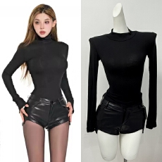 批发龙牙童推荐拉高腿线美式复古风皮裤显瘦小个子皮短裤<b class='q'>欧美</b>辣妹