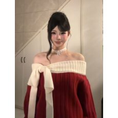 批发羊城故事 红色跨年穿搭一字肩包臀<b class='q'>长袖</b>针织<b class='q'>连衣裙</b>女冬露肩短裙子