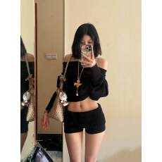 批发美式复古翻边宽腰头修身弹力针织毛线短裤热裤低腰超短裤显腿长