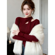 批发法式新年红色<b class='q'>镂空</b>飘带<b class='q'>针织衫</b>女秋冬设计感修身毛衣内搭打底衫上衣