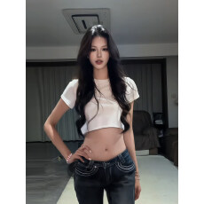 批发021ope 辣妹风美式超短露腰<b class='q'>白色</b><b class='q'>t</b><b class='q'>恤</b>百搭纯色正肩纯欲显瘦上衣