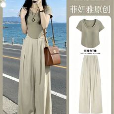 批发杏色冰丝阔腿裤女薄款高腰垂感宽松慵懒山本裤<b class='q'>棉麻</b>直筒休闲套装