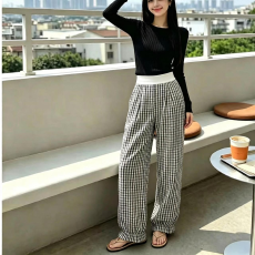 批发少女薄款透气格子裤2026春夏季新款<b class='q'>青少年</b>阔腿裤初中生直筒裤
