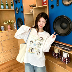批发韩系雪花棉企鹅<b class='q'>印花</b>罩衫女夏薄款混纺正肩微宽松减龄通勤慵懒上衣