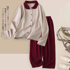 批发秋季撞色翻领<b class='q'>套装</b>女法式温柔风开衫上衣垂感阔腿<b class='q'>休闲</b>裤简约两件套