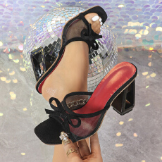 批发粗跟凉鞋淑女蝴蝶结黑色透气网纱露趾外穿舒适绒面气质高跟凉拖鞋