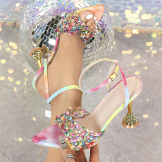 夏季新款绝美海边仙女风彩色水钻露趾凉鞋女尖头细跟高跟凉鞋外穿