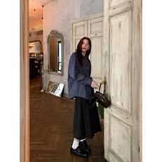 批发细条纹衬衫 宽松廓形大版小刺绣学院长袖防晒休闲衬衣6